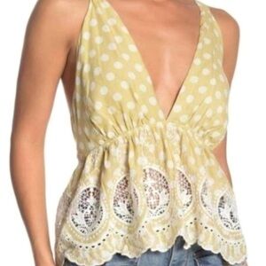 FREE PEOPLE WOMENS WHITE AND YELLOW LACE HALTER TOP